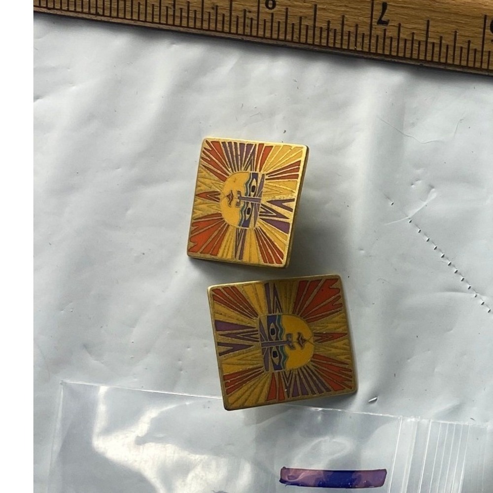 Vintage Square Sunburst Lapel Pin Set Gold Tone‎ Enamel 2 Piece